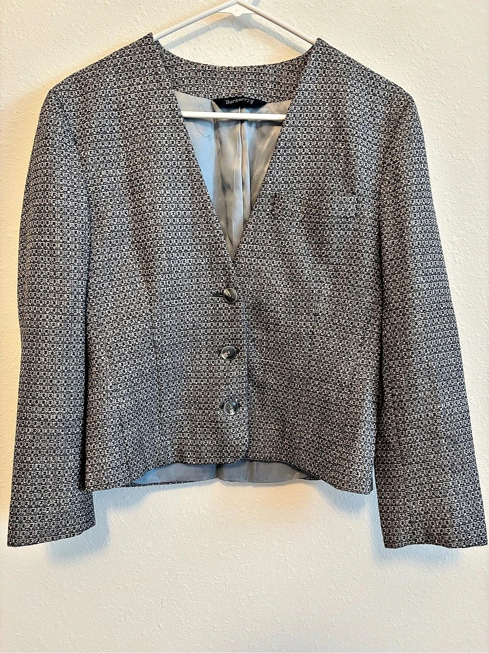 Vintage Burberrys Tweed Collarless Blazer Jacket Cropped Gray Small